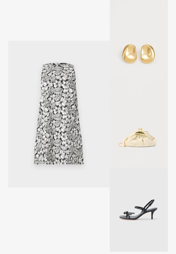 Robe noire et blanche sans manches avec un motif floral et feuillage, design sans bretelles et silhouette en ligne A.; Sandale à talon en cuir noir avec des lanières fines, un petit nœud décoratif sur le dessus de l'orteil et une bride de cheville ajustable avec une boucle.; Pochette couleur crème en matière douce, dotée d'un fermoir doré et d'une bandoulière chaîne, avec un design froncé sur le corps.; Boucles d'oreilles en forme de clou de couleur or, avec une forme lisse et arrondie et une surface réfléchissante, mettant en avant un design minimaliste sans motifs visibles.
