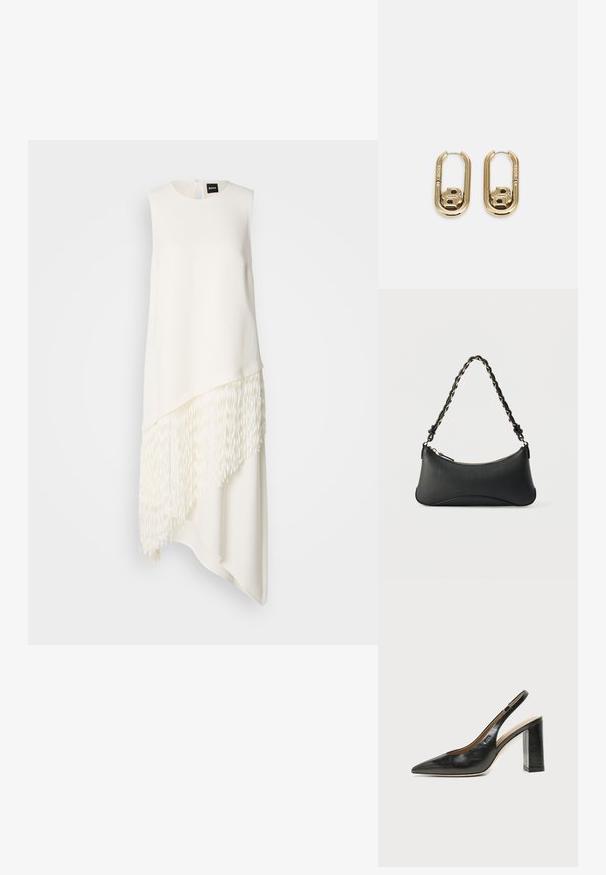 Robe blanche sans manches avec un ourlet asymétrique, dotée d'un détail de franges texturées en bas et d'un col rond à l'arrière.; Chaussure slingback en cuir noir à bout pointu avec un talon bloc haut et une doublure intérieure beige sur un fond clair uni.; Sac à bandoulière en cuir noir de forme rectangulaire incurvée, avec une chaîne dorée tissée dans la bandoulière noire tressée et une fermeture éclair sur le dessus.; BOSS DOUBLE B SWING - Boucles d'oreilles - gold-coloured