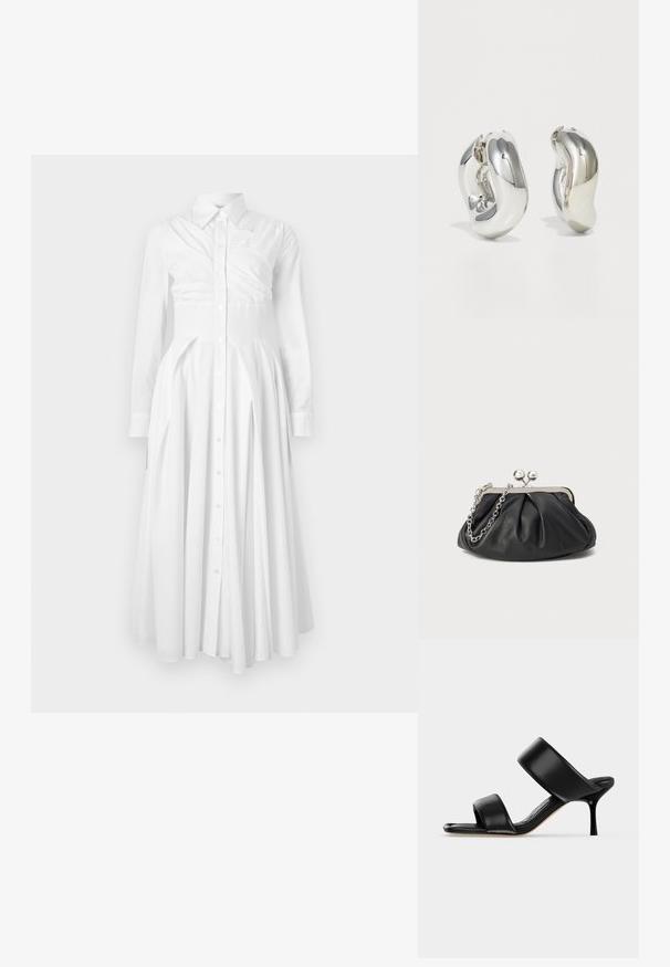 Vestido de camisa blanco de algodón con mangas largas, frente de botones, falda plisada y cintura ajustada. Presenta un diseño estructurado y una textura suave.; Sandalia mule de cuero negro con dos tiras anchas y un tacón de aguja delgado de altura media sobre un fondo claro y sencillo.; Clutch de cuero negro con textura arrugada, marco de metal en tono plateado, cierre de beso y cadena para colgar. Superficie suave y lisa.; Pendientes escultóricos de plata con formas suaves y curvas y superficies reflectantes. Presentan un diseño de aro cerrado y una forma orgánica distintiva.