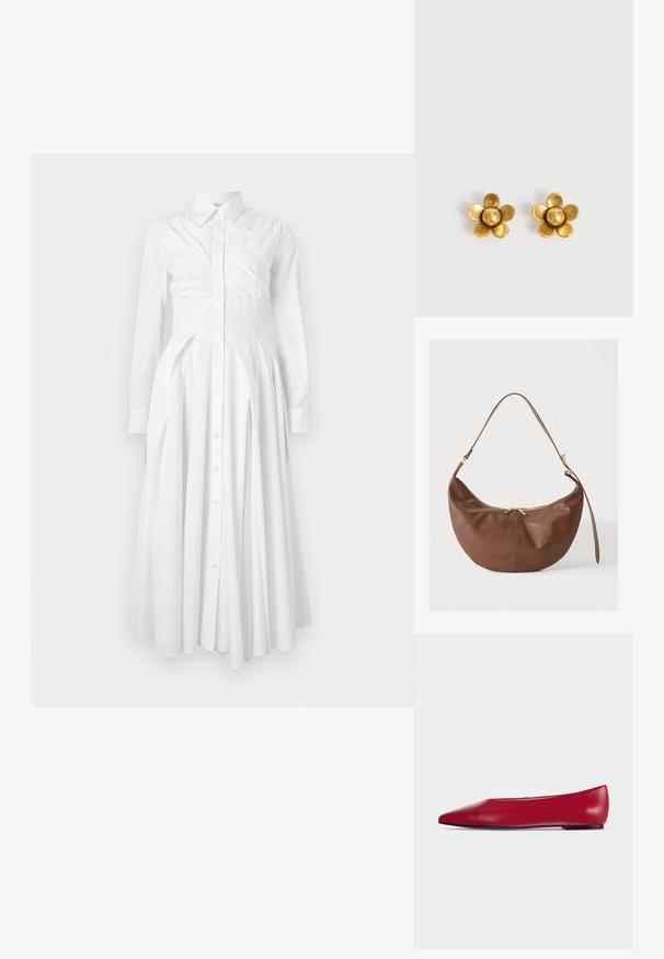Weißes Baumwollhemdkleid mit langen Ärmeln, Knopfleiste vorne, plissiertem Rock und tailliertem Schnitt. Hat ein strukturiertes Design und eine weiche Textur.; Roter Leder-Flachschuh mit spitzer Spitze, schwarzer Sohle und niedrigem Absatz, seitlich auf schlichtem hellem Hintergrund dargestellt.; Weiche braune Leder-Schultertasche mit goldenem Reißverschluss und verstellbarem Riemen vor schlichtem hellem Hintergrund.; Zwei kleine goldene blumenförmige Steckerohrringe mit fünf abgerundeten Blütenblättern und einem kugelförmigen Zentrum auf weißem Hintergrund.