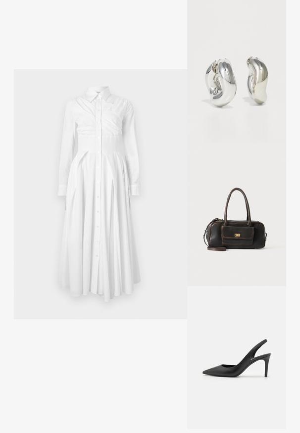 Weißes Baumwollhemdkleid mit langen Ärmeln, Knopfleiste vorne, plissiertem Rock und tailliertem Schnitt. Hat ein strukturiertes Design und eine weiche Textur.; Schwarze Leder Slingback High Heels mit einem spitzen Zehendesign, das an der Vorderseite ein Ausschnitt hat und einen dünnen Stilettoblock. ; Dunkelbraune Lederhandtasche mit zwei Griffen, einer Vorderfach mit goldenem Verschluss und einem abnehmbaren Schultergurt auf einfarbigem Hintergrund.; Silberne skulpturale Ohrringe mit glatten, geschwungenen Formen und reflektierenden Oberflächen. Sie verfügen über ein geschlossenes Ringdesign und eine ausgeprägte organische Form.