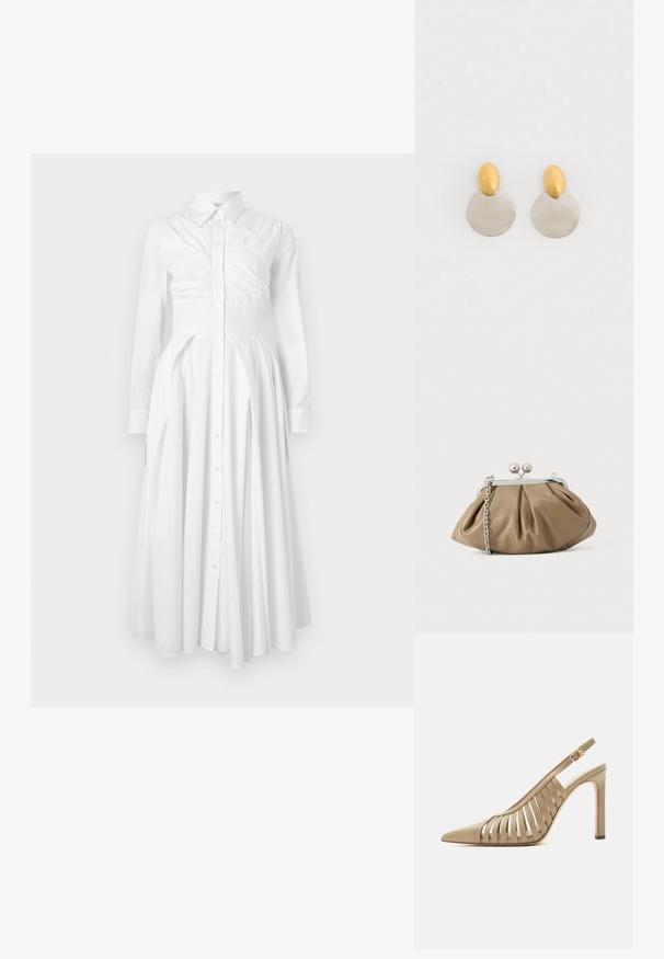 Witte katoenen jurk met lange mouwen, knoopsluiting aan de voorkant, geplooide rok en een getailleerde taille. Heeft een gestructureerd ontwerp en een zachte textuur.; Beige slingback met hoge hak, spits toelopende neus en uitgewerkt bandjesdesign, met een gouden gesp op het enkelbandje.; Leren clutch in zacht beige met een afgeronde vorm, geplooide textuur, zilveren kiss-lock sluiting en een afneembare kettingriem.; Gouden en zilveren metalen oorbellen met een ronde schijfbasis en een ovale bovenstuk, gladde textuur en gepolijste afwerking.