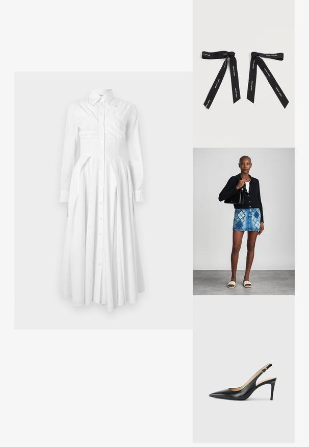 Witte katoenen jurk met lange mouwen, knoopsluiting aan de voorkant, geplooide rok en een getailleerde taille. Heeft een gestructureerd ontwerp en een zachte textuur.; Zwarte leren slingback-hakken met een spitse neus, verstelbare band en een elegante stiletto-hak, met een gladde afwerking.; Zwarte gebreide cardigan, witte top, denimrok met blauw en zwart ruitpatroon, zwarte handtas en beige instapsandalen.; Twee zwarte lintstrikjes met de tekst "MARC JACOBS" in het wit gedrukt op elk lintuiteinde tegen een effen witte achtergrond.