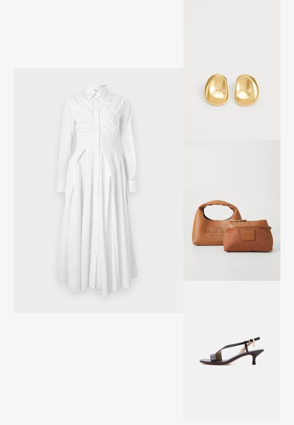 Vestido de camisa blanco de algodón con mangas largas, frente de botones, falda plisada y cintura ajustada. Presenta un diseño estructurado y una textura suave.; Sandalia de tacón tipo kitten de cuero negro con punta abierta, tira diagonal, hebilla en el tobillo y pequeño charm dorado sobre fondo blanco.; Bolso de cuero color cuero claro con un asa redondeada, logo en relieve; incluye un bolso más pequeño del mismo color con cierre de cremallera y parche cuadrado con marca.; Pendientes de studs en color dorado con una forma suave y redondeada y una superficie reflectante, que exhiben un diseño minimalista y sin patrones visibles.