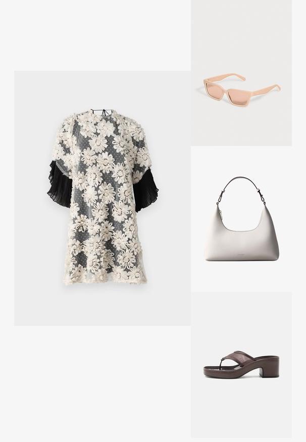 Blomster mønstret kjole lavet af gennemsigtigt stof med beige blomster på grå prikket baggrund; sorte plisserede korte ærmer tilføjer tekstur.; Brun sandal med hæl med mesh-rem og tæst design, med blokhæl og syet sål, vist i profil mod hvid baggrund.; Rektangulære lyse ferskenfarvede solbriller med tykke stel og matchende tonede linser på en ensfarvet lys baggrund.; Cremefarvet skuldertaske i læder fra Calvin Klein med buet topkant, sølvfarvet lynlås og mørkebrun justerbar rem.