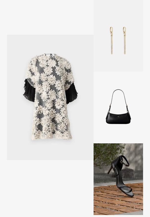 Blomster mønstret kjole lavet af gennemsigtigt stof med beige blomster på grå prikket baggrund; sorte plisserede korte ærmer tilføjer tekstur.; Sort højhælet sandal med ankelsnor, der ser ud til at svæve over et trægulv udendørs med sløret grønt og sten i baggrunden.; Sort læder mini skuldertaske med tynd rem og lille gyldent CK-logo på fronten i midten.; DKNY HALF PAVE BAR SLIDER - Øreringe - gold-coloured