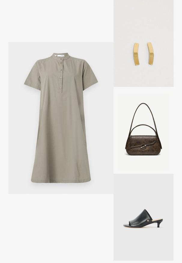 Khaki Baumwollkleid mit kurzen Ärmeln, Stehkragen und Knopfleiste vorne; lockere Passform und knielange Silhouette.; Schwarze Leder-Pantoletten mit offenen Zehen und niedrigem Absatz. Sie verfügen über eine glatte Oberfläche und ein goldenes Logo-Detail an der Seite.; Dunkelbraune Handtasche aus strukturiertem Leder mit zwei Tragegurten, abgerundeter rechteckiger Form und silbernem, rundem Verschluss auf der vorderen Klappe.; Ohrringe aus goldfarbenem Metall mit einem geschwungenen, elongated Design. Die Oberfläche ist glatt und poliert und zeigt einen minimalistischen Stil.
