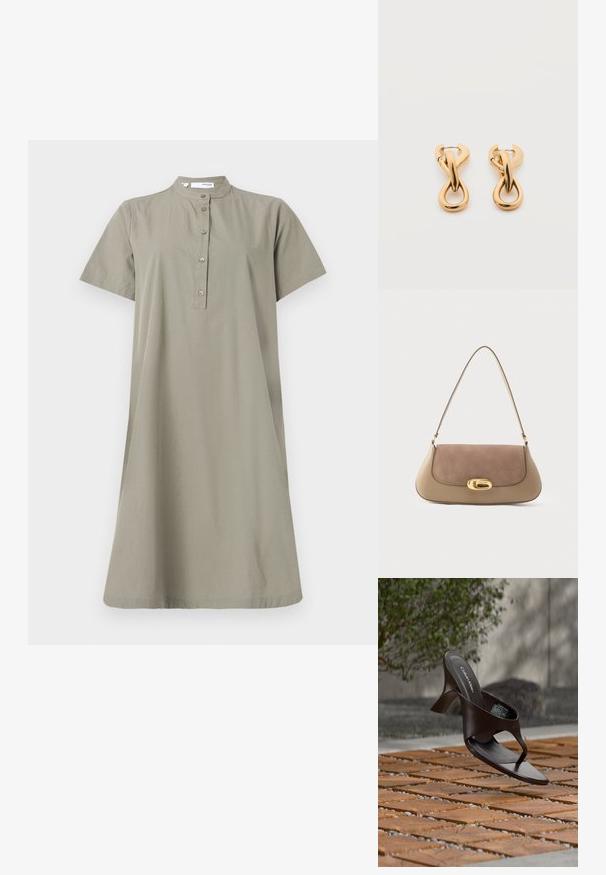 Khaki bomuldsdragt med korte ærmer, stående krave og knaplukning ned foran; løs pasform og knælængde silhuet.; Brun Calvin Klein hælet thong sandal svævende over træflise og grus udendørs med sløret grønt og stenmur i baggrunden.; Tote-taske i beige og brunt læder, med en blød ruskindsklap, en oval guldlås og en enkelt skulderrem. Glat tekstur over det hele.; Par af skinnende guldfarvede hoop-øreringe med snoet, flettet design på en enkel hvid baggrund.