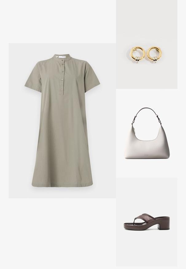 Khaki Baumwollkleid mit kurzen Ärmeln, Stehkragen und Knopfleiste vorne; lockere Passform und knielange Silhouette.; Braune Sandale mit Absatz, Netzriemen und Zehensteg, ausgestattet mit einem Blockabsatz und einer genähten Sohle, seitlich auf weißem Hintergrund abgebildet.; Cremefarbene Calvin Klein Lederschultertasche mit gebogener Oberkante, silbernem Reißverschluss und dunkelbraunem verstellbarem Riemen.; Goldene runde Ohrringe mit jeweils zwei kleinen silbernen Ringen, die dezent gravierte Markennamen zeigen, vor weißem Hintergrund platziert.