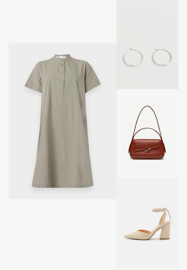 Khaki Baumwollkleid mit kurzen Ärmeln, Stehkragen und Knopfleiste vorne; lockere Passform und knielange Silhouette.; Beige Highheel mit spitzem Zeh, Knöchelriemen und breitem Blockabsatz. Glattes, synthetisches Material mit matter Oberfläche.; Braune Leder-Schultertasche mit abgerundeter rechteckiger Form, asymmetrischer Klappe, silbernem runden Verschluss und zwei dünnen Riemen.; Silberne Metallcreolen mit glatter, leicht gebogener Oberfläche und Klappverschluss vor schlicht weißem Hintergrund.