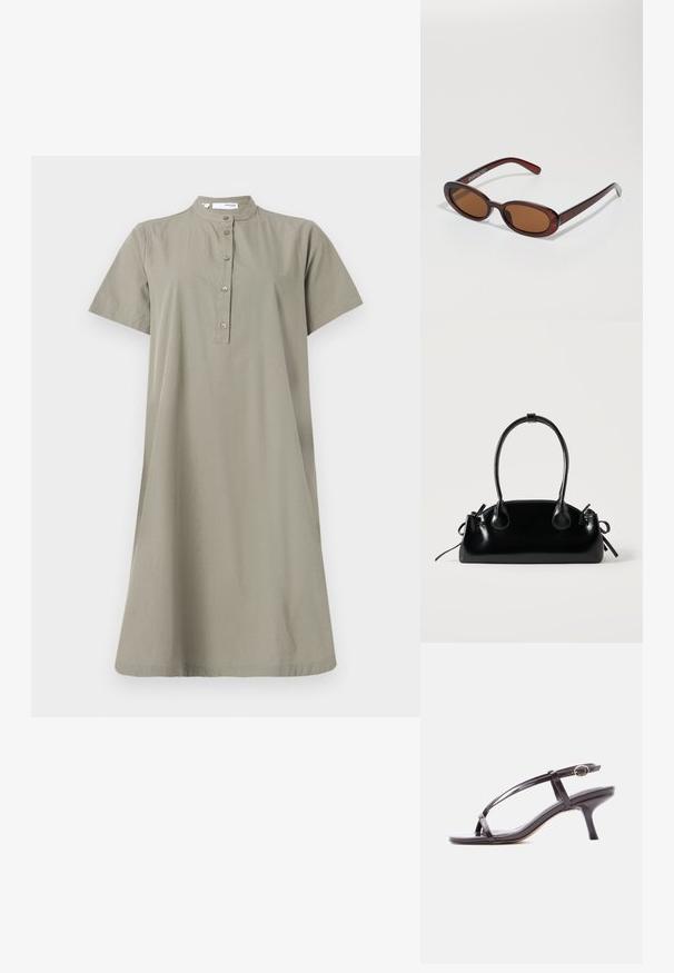 Khaki Baumwollkleid mit kurzen Ärmeln, Stehkragen und Knopfleiste vorne; lockere Passform und knielange Silhouette.; Schwarze Lackleder-Kitten-Heel-Sandale mit dünnen, überkreuzten Riemchen und einer kleinen goldenen Schnalle am Knöchelriemen.; Runde, braun getönte Sonnenbrillen mit einem glänzenden burgunderfarbenen Rahmen. Schlanke Bügel mit dezentem Branding. Flaches Linsendesign.; Kleine schwarze glänzende Handtasche mit zwei langen Griffen und seitlichen Kordelzug-Details vor einfachem hellem Hintergrund.
