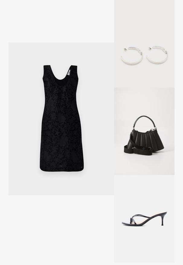 Robe noire sans manches avec un décolleté en V, présentant un motif floral texturé sur l'ensemble. Le design est structuré, avec une silhouette ajustée.; Sandale à talon en cuir verni noir avec fines lanières croisées et talon aiguille moyen et élancé sur fond blanc.; Sac à main plissé noir avec une poignée arrondie, une bandoulière réglable et une texture brillante. Présente des accessoires en argent et une silhouette structurée.; Boucles d'oreilles demi-cercles ton argent avec texture striée et fermoirs à pression sur fond blanc.