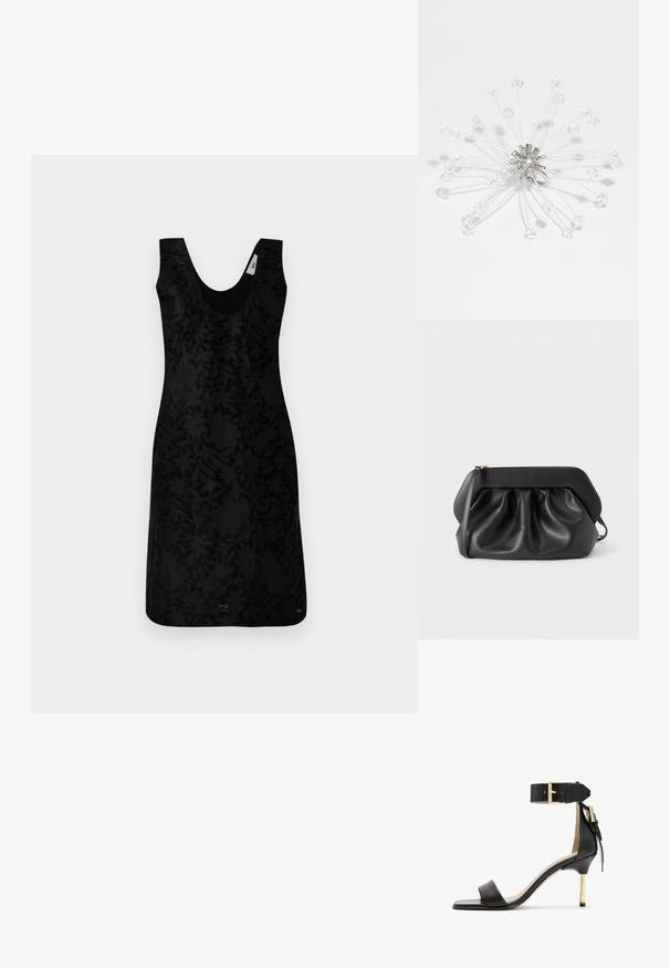 Robe noire sans manches avec un décolleté en V, présentant un motif floral texturé sur l'ensemble. Le design est structuré, avec une silhouette ajustée.; Sandale à talon en cuir noir avec un bout carré, une bride de cheville dotée d'une boucle en or et un talon métallique fin. Texture lisse, design minimaliste.; Pochette en cuir noir avec une structure rigide, des détails froncés et une fine lanière de poignet sur fond blanc.; Broche en cristal avec métal en ton argenté, ornée de perles transparentes sur des fils fins disposés en motif d'éclatement, mettant en valeur la transparence et la réflexion de la lumière.
