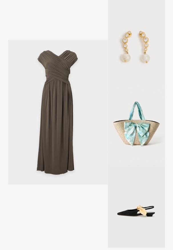 Ærmeløs mørkebrun maxikjole med plisseret off-shoulder udskæring og detaljer med samlet talje på en ensartet lys baggrund.; NEOUS UBA - Slingback-ballerinasko - black; Vævet stråtaske med brede lyseblå og hvide batikstofs-hanke og en stor matchende stofsløjfe foran.; Guldøreringe med fire klare runde ædelstene i faldende størrelse og en enkelt hængende hvid perle på hver på hvid baggrund.