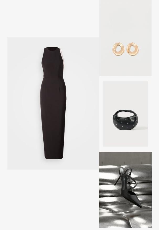 Vestido negro sin mangas con una silueta ajustada, que presenta un panel lateral texturizado y un escote sutil en forma de curva. Hecho de una tela suave.; Zapato stiletto negro de punta puntiaguda con tiras cruzadas reposando sobre una superficie de cuero plateado brillante y capitoné.; Bolso de mano de cuero negro con forma redondeada, decorado con detalles de tachuelas plateadas y un asa corta. Textura lisa y cierre con cremallera.; Par de pendientes de aro de metal en tono dorado pulido, de forma irregular y con centro abierto, sobre un fondo blanco liso.