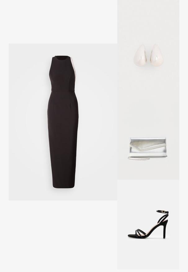 Vestido negro sin mangas con una silueta ajustada, que presenta un panel lateral texturizado y un escote sutil en forma de curva. Hecho de una tela suave.; Anna Field Sandalias - black; Bolso clutch plateado brillante con solapa de estilo sobre y adorno decorativo, pequeña correa de cadena plateada, sobre fondo liso claro.; Pendientes de gota de metal plateado con una superficie suave y reflectante, en forma de lágrima, que presentan un diseño sin costuras y sin embellishments visibles.