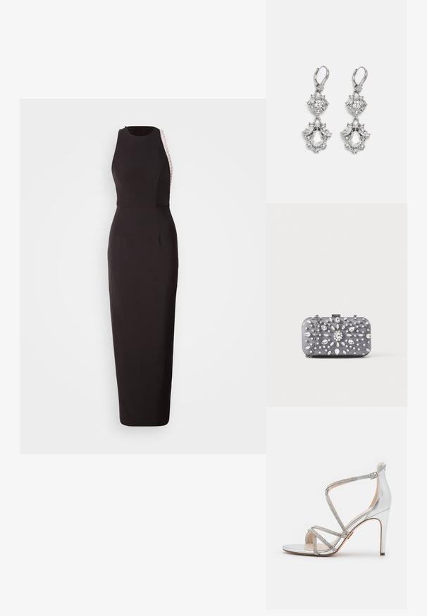 Robe sans manches noire avec une silhouette ajustée, dotée d'un panneau latéral texturé et d'un col rond subtil. Fabriquée en tissu lisse.; Sandale à talon haut argentée avec fines lanières en strass croisant sur les orteils et autour de la cheville, avec une fermeture à boucle latérale.; Petit sac pochette rectangulaire gris foncé orné de strass clairs disposés en motif rayonnant, avec une bandoulière chaîne argentée.; Boucles d'oreilles en métal argenté ornées de plusieurs pierres précieuses en cristal transparent en forme de goutte et de marquise, avec des fermoirs à levier et des détails complexes.