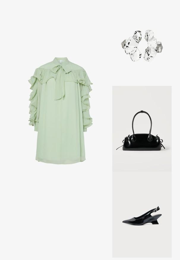 Hellgrünes Midi-Kleid mit langen Rüschensleeves und einem gebundenen Schleifenkragen, das eine lockere, fließende Passform bietet.; Schwarzer Slingback-Schuh aus Lackleder mit spitzer Spitze und niedrigem, schrägem Blockabsatz auf einfachem hellem Hintergrund.; Kleine schwarze glänzende Handtasche mit zwei langen Griffen und seitlichen Kordelzug-Details vor einfachem hellem Hintergrund.; Cluster von sechs unregelmäßig geformten, transluzenten und reflektierenden glasähnlichen Stücken, angeordnet auf weißem Hintergrund.