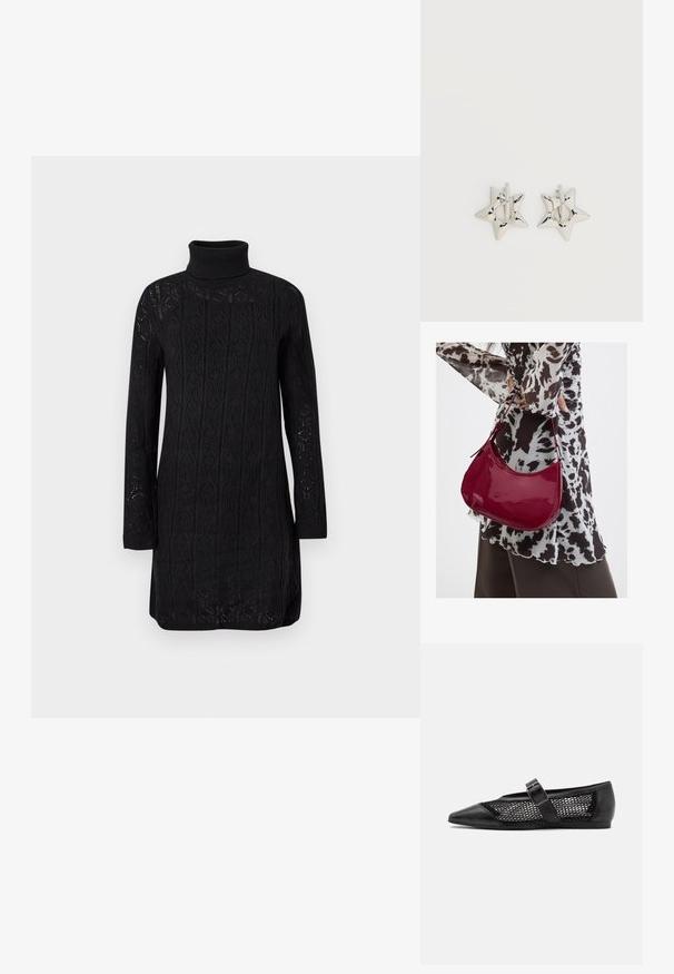 Robe noire en tricot à manches longues avec col roulé, texture à motif et poignets côtelés, présentée sur un fond clair uni.; Chaussure plate noire avec un bout pointu, panneaux latéraux en maille et une sangle avec une boucle décorative. Fini lisse sur les sections du bout et du talon.; Femme portant un chemisier à motif noir et blanc tenant un sac à main rouge brillant sur un fond uni.; Boucles d’oreilles créoles en forme d’étoile argentée avec une finition lisse et polie sur un fond blanc uni.