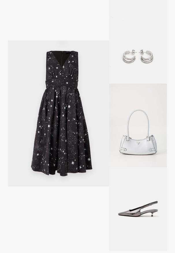Vestido negro sin mangas con escote en V, cintura fruncida y falda completa; presenta un patrón de estrellas blancas y una cremallera oculta en la parte posterior.; Zapato slingback gris metálico con punta puntiaguda, tacón bajo tipo kitten y correa ajustable sobre fondo blanco.; Bolso de mano plateado con un diseño estructurado, que cuenta con dos asas, textura brillante, herrajes de acento y un logo triangular en la parte frontal.; Guess STYLISH - Pendientes - silver-coloured