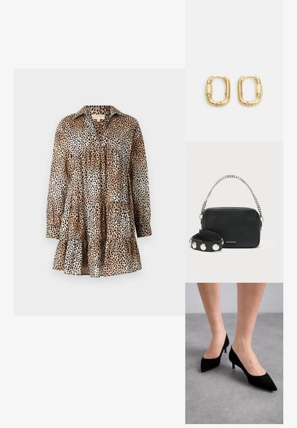 Leopardprint jurk gemaakt van lichtgewicht stof. Beschikt over een kraag, lange mouwen en een gelaagde ruches onderrand. Kleuren: beige, zwart, bruin.; Zwarte suède pump met spitse neus en een slanke, klassieke middelhoge hak en brede opening, afgebeeld op blote voeten tegen een grijze achtergrond.; Zwarte leren crossbodytas met een getextureerde afwerking, zilveren kettingband en gespen zwarte polsband. Voorzien van een ritssluiting aan de bovenkant en logo-detail.; sweet deluxe DELILAH - Oorbellen - gold-coloured