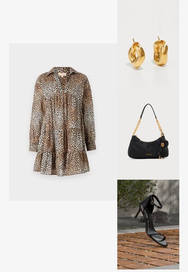 Leopardprint jurk gemaakt van lichtgewicht stof. Beschikt over een kraag, lange mouwen en een gelaagde ruches onderrand. Kleuren: beige, zwart, bruin.; Zwarte hoge hak sandaal met enkelbandje zweeft boven een houten tegelvloer buiten, met een onscherpe groene en stenen achtergrond.; Zwarte Michael Kors schoudertas met gouden kettingriem, gouden ritssluiting en een zwarte bedel in bloemvorm met gouden MK-logo.; Dik gouden creolen met een licht gedraaide, buisvormige ontwerp en een schroefsluiting op een witte achtergrond.