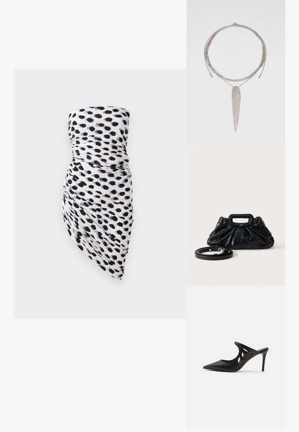 Strapless kjole med hvid bund og sorte samt marineblå polka dot mønstre, rynket design og asymmetrisk kant for en tætsiddende silhuet.; Sorte læder højhælede mules med spids tå, udskåret sideskærm og glat tekstur. Stiletthæl og subtil syning.; Lille sort læderhåndtaske med rynket tekstur, rektangulært håndtag og aftagelig tynd skulderrem placeret ved siden af.; Sølv halskæde med tre lagdelte kæder og en slank, langstrakt vedhæng prydet med flere klare rhinsten.