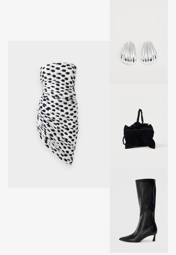 Strapless kjole med hvid bund og sorte samt marineblå polka dot mønstre, rynket design og asymmetrisk kant for en tætsiddende silhuet.; Sorte læderknæhøje støvler med spidse tæer og en modest hæl. Glat tekstur og slankt design med subtile syninger.; Sort fløjls-håndtaske med stor sløjfe, samlet design og snoet hank. Blød tekstur med diskret glimmer over hele.; Et par skinnende sølv, ribbede skaldformede øreringe på en ensfarvet hvid baggrund, som viser reflekterende og glatte overflader.