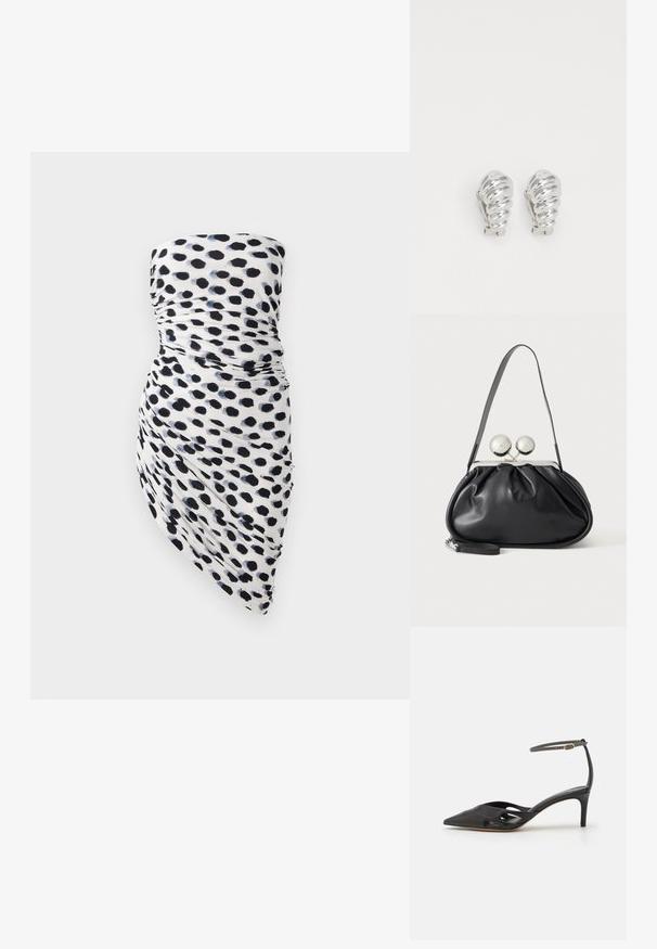 Strapless kjole med hvid bund og sorte samt marineblå polka dot mønstre, rynket design og asymmetrisk kant for en tætsiddende silhuet.; Sort læder højhælet sko med spids tå, åbne sider og en tynd ankelrem med en lille guld detalje.; Sort læderhåndtaske med opsamlet design, en enkelt rem, sølv metalramme og to store runde sølv lukninger.; Sølv clip-on øreringe med spiralmønster, der har en glat metallisk tekstur og runde former. Ingen synlige udsmykninger eller mønstre.