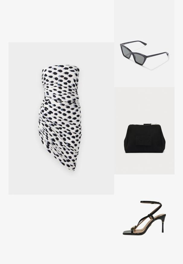 Strapless kjole med hvid bund og sorte samt marineblå polka dot mønstre, rynket design og asymmetrisk kant for en tætsiddende silhuet.; Sort højhælet sandal i laklæder med ankrem, firkantet tå og guldfarvet spænde på frontremmen.; Sorte plastik solbriller med en geometrisk katteøjeform, mørkegrå linser og en mat finish. Funktioner sølvbranding på stænger.; Sort tekstureret rektangulær pung med lynlåslukning og et lille stoflogo placeret midt på forsiden.