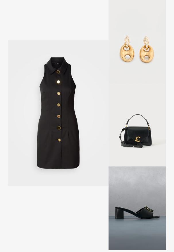 Schwarzes ärmelloses Kleid mit durchgehender Knopfleiste, großen goldenen Knöpfen und klassischem Kragen, gefertigt aus glattem Stoff.; Schwarze Leder-Peeptoe-Sandale mit Blockabsatz und goldfarbenem Valentino-Logo vorne, auf einer Holz- und Steinaußenfläche platziert.; Schwarze Lederhandtasche mit einem oberen Griff und verstellbarem Schulterriemen, mit einer goldenen dekorativen Schnalle auf der vorderen Lasche.; Ohrhänger in Goldoptik mit ovaler Tropfenform, kleinem Schlaufen-Ausschnitt und kristallbesetzten, tropfenförmigen Ohrsteckern vor neutralem Hintergrund.