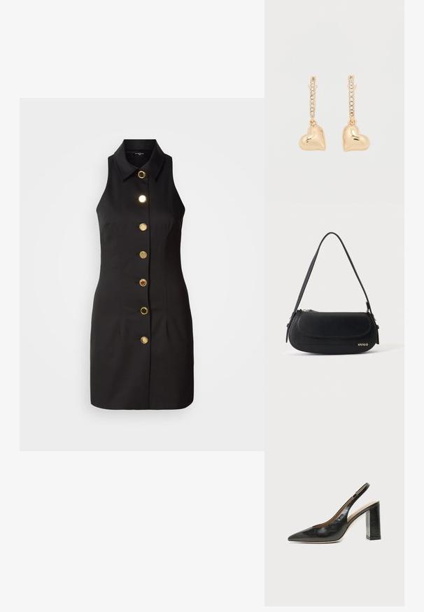 Schwarzes ärmelloses Kleid mit durchgehender Knopfleiste, großen goldenen Knöpfen und klassischem Kragen, gefertigt aus glattem Stoff.; Schwarzer Leder-Slingback-Schuh mit spitzer Kappe, hohem Blockabsatz und beigegefüttertem Innenraum vor hellem, einfarbigem Hintergrund.; Schwarze Lederschultertasche mit geschwungener Klappe, goldenem "HUGO" Logo auf der Vorderseite und einem verstellbaren Riemen.; Goldene Ohrringe mit herzförmigen Anhängern, verziert mit einer Reihe kleiner Strasssteine am Bügel. Reflektierende, glatte Oberfläche.
