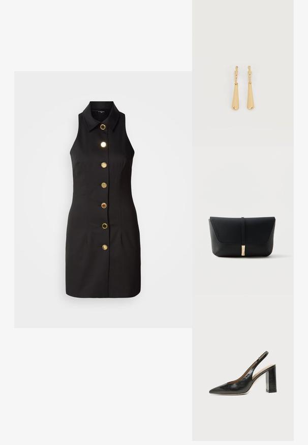 Musthave mustraamvaba must kleit, millel on nööpidega esiosa, suurte kuldsete nööpidega ja klassikalise kraega, valmistatud siledast kangast.; Mustast nahast terava varbaga slingback-kinga kõrge plokk-kontsaga ja beežsisemise voodriga tavalise heledal taustal.; Must tekstureeritud nahast käekott, millel on esikülje klapp, mis kinnitub peene rihma ja kuldse risttahuka lukuga.; Kullatooni ripptivad kõrvarõngad, millel on sujuvad, pikenenud pisarakuju ripatsid, mis ripuvad väikestest rõngastest kinnitustest valgel taustal.