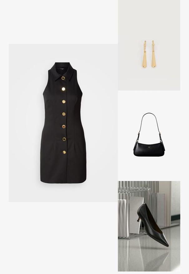 Musthave mustraamvaba must kleit, millel on nööpidega esiosa, suurte kuldsete nööpidega ja klassikalise kraega, valmistatud siledast kangast.; Mustast nahast terava ninaga madala kontsaga king, mis hõljub üle halli täpilise põranda, kõrval metallist failikorraldaja kaustadega.; Mustast nahast väike õlakott õhukese rihmaga ja väikese kuldse CK logoga esikülje keskel.; Kullatooni ripptivad kõrvarõngad, millel on sujuvad, pikenenud pisarakuju ripatsid, mis ripuvad väikestest rõngastest kinnitustest valgel taustal.