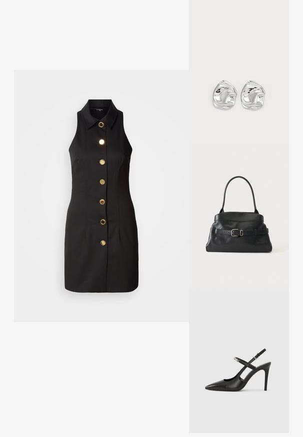 Schwarzes ärmelloses Kleid mit durchgehender Knopfleiste, großen goldenen Knöpfen und klassischem Kragen, gefertigt aus glattem Stoff.; Schwarze Slingback-Pumps aus Leder mit spitz zulaufender Spitze, Cut-Out-Design und verstellbarem Riemen mit metallischem Beschlag.; Schwarze Ledertasche mit einem einzelnen Schulterriemen und einem dekorativen Gürtel mit silberner Schnalle auf der Vorderseite.; Silberne, abstrakt geformte Ohrstecker mit polierter Oberfläche, die durch sanfte Kurven und subtile Konturen bestechen. Keine sichtbaren Muster oder Akzente.