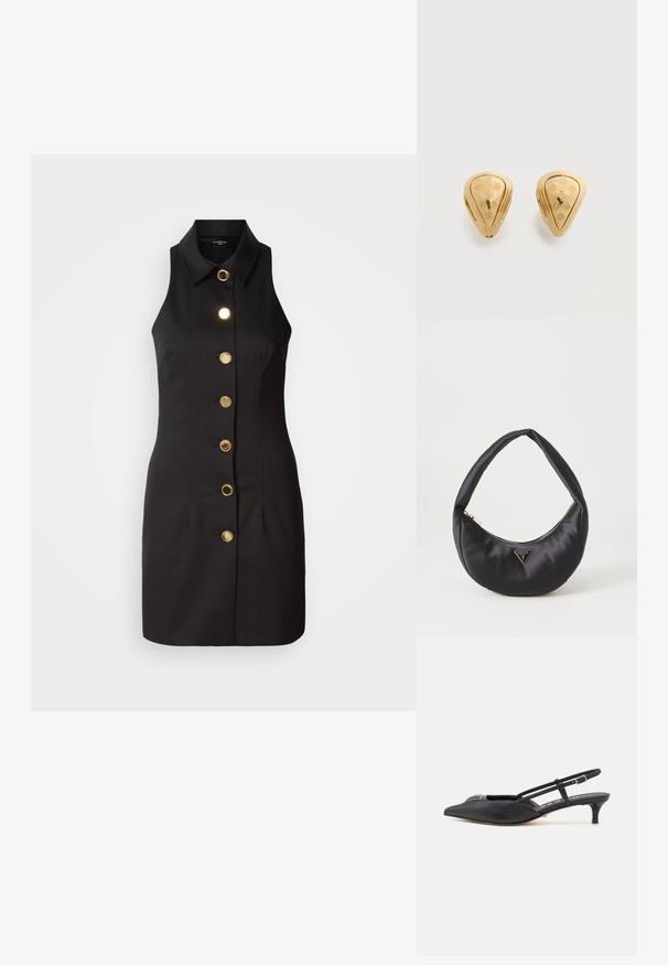 Sort ærmeløs kjole med knaplukning foran, der har store guldknapper og en klassisk krave, lavet af glat stof.; Sorte slingback-sko med spids tå, lavet af glat materiale, med en lille hæl og en dekorativ sølvaccent på vamps.; Sort satin håndtaske med en buet form, der har en lynlåslukning og et trekantet logo i metal på forsiden. Glat tekstur og slankt design.; Par guldfarvede øreringe i dråbeform med indgraverede blomster- og geometriske mønstre på en ensfarvet baggrund.