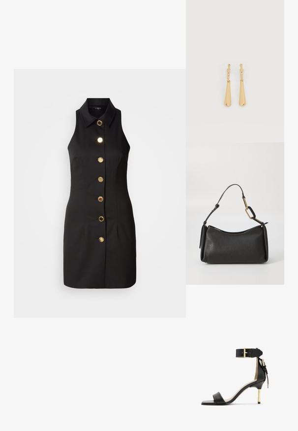 Sort ærmeløs kjole med knaplukning foran, der har store guldknapper og en klassisk krave, lavet af glat stof.; Sort læder hæl sandal med firkantet tå, ankelrem med en guldbuckle og en slank metallisk hæl. Glat tekstur, minimalistisk design.; Sort læder skuldertaske med en struktureret overflade, buet form, kort håndtag og guld hardware detaljer. Lynlåslukning på toppen.; Øreringe i guldfarvet metal med glatte, aflangt dråbeformede vedhæng, der hænger fra små creol-låse på en hvid baggrund.
