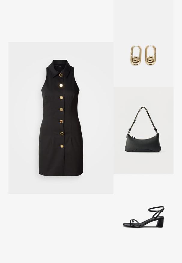 Schwarzes ärmelloses Kleid mit durchgehender Knopfleiste, großen goldenen Knöpfen und klassischem Kragen, gefertigt aus glattem Stoff.; Schwarze Sandale mit niedrigem Blockabsatz, dünnen Zehen- und Knöchelriemen sowie einer kleinen goldenen Schnalle am Knöchelriemen.; Schwarze Lederschultertasche mit gewölbter rechteckiger Form, goldener Kette, die in den geflochtenen schwarzen Riemen eingewebt ist, und Reißverschlussverschluss oben.; BOSS DOUBLE B SWING - Ohrringe - gold-coloured
