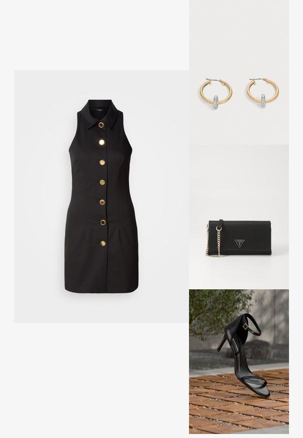 Schwarzes ärmelloses Kleid mit durchgehender Knopfleiste, großen goldenen Knöpfen und klassischem Kragen, gefertigt aus glattem Stoff.; Schwarze Sandalette mit hohem Absatz und Knöchelriemen schwebt über einem Holzboden im Freien vor verschwommenem Grün und Steinhintergrund.; Schwarze synthetische Geldbörse mit strukturiertem Finish, dreieckigem goldenen Logoakzent und einer goldenen Kettenriemen für den Crossbody-Tragekomfort.; Paar goldfarbene Creolen mit kleinem silberfarbenem Schlaufen-Detail an jeder, vor hellem grauem Hintergrund präsentiert.