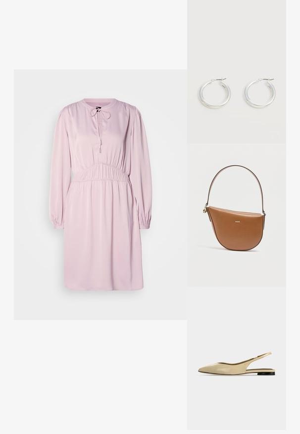 Vestido rosa de manga larga con cuello redondo, cierre de cordón, cintura fruncida y tejido suave. Presenta mangas abullonadas y un ajuste holgado.; Zapato plano beige con puntera puntiaguda, diseño slingback, tacón bajo negro y acabado en cuero liso, mostrado de perfil sobre un fondo liso.; Bolso media luna de cuero marrón con una única correa, logo BOSS dorado en el frente y pequeño detalle de cremallera dorada en el lateral.; Par de pendientes de aro plateados brillantes de tamaño mediano con cierres metálicos finos sobre un fondo neutro claro.