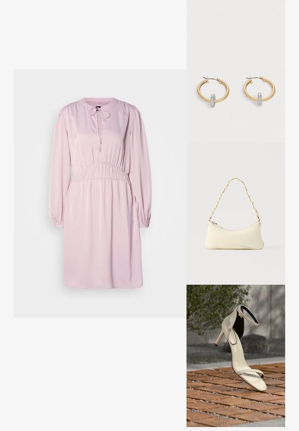 Vestido rosa de manga larga con cuello redondo, cierre de cordón, cintura fruncida y tejido suave. Presenta mangas abullonadas y un ajuste holgado.; Sandalia de tacón alto beige con correa en el tobillo, sobre listones de madera al aire libre, con fondo desenfocado de vegetación y concreto.; Bolso pequeño de color crema con forma curva y asa de cadena trenzada en tono dorado, cierre con cremallera en la parte superior; Par de pendientes de aro en tono dorado con pequeño detalle de aro en tono plateado en cada uno, expuestos sobre un fondo gris claro.