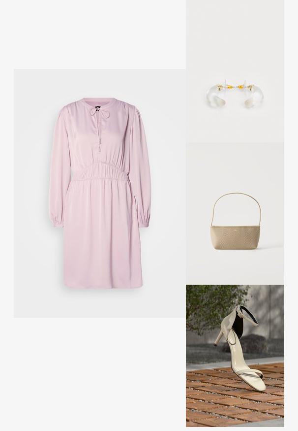 Roze jurk met lange mouwen, ronde hals, koordsluiting, geplooide taille en gladde stof. Heeft pofmouwen en een ontspannen pasvorm.; Beige sandaal met hoge hak en enkelriem, geplaatst op houten latten buiten, met vervaagde groene planten en betonnen achtergrond.; Beige geweven handtas met dunne schouderriem en klein gouden "BOSS" logo aan de voorkant, getoond tegen een effen witte achtergrond.; Heldere acryl oorringen met gouden accenten, met een gebogen ontwerp en transparante sluiting. Gladde textuur, minimalistische stijl.