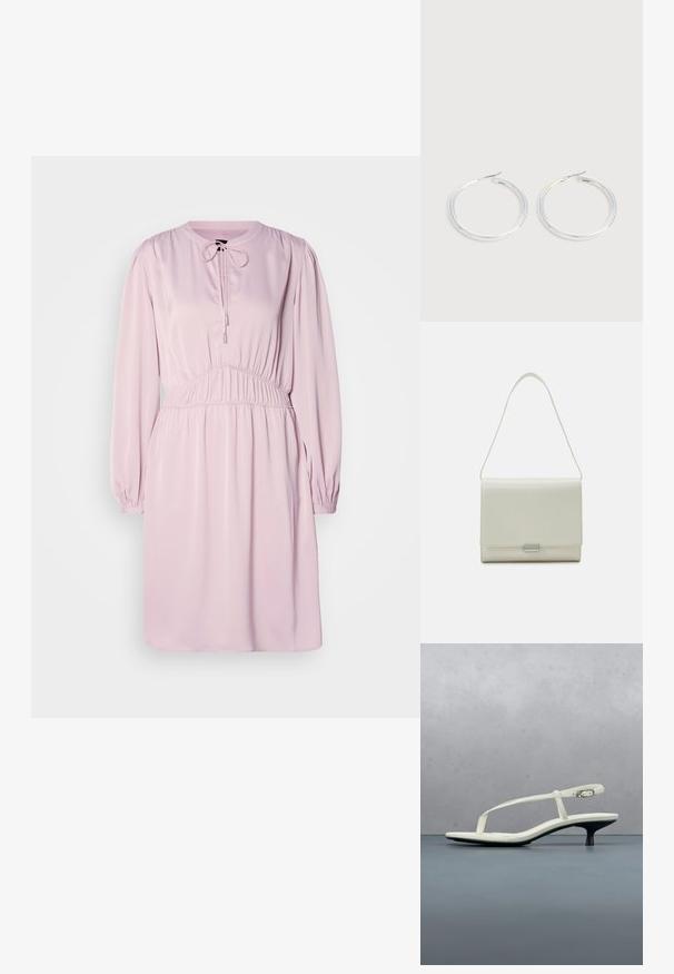 Vestido rosa de manga larga con cuello redondo, cierre de cordón, cintura fruncida y tejido suave. Presenta mangas abullonadas y un ajuste holgado.; Sandalia blanca de tacón kitten con tiras y punta afilada, flotando sobre un suelo de baldosas de madera al aire libre, con un fondo desenfocado de plantas y pared.; Calvin Klein ARCHIVE SHOULDER BAG SHINY - Bolso de mano - ecru; Pareja de pendientes de aro plateados brillantes con cierres de alambre delgado, mostrados sobre un fondo gris claro.
