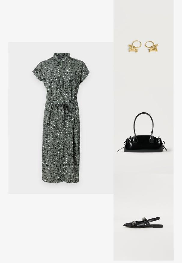 Robe verte à boutons avec motif léopard, manches courtes, ceinture à la taille et ourlet à mi-mollet. Fabriquée en tissu léger avec une texture douce.; Even&Odd Ballerines à brides arrière - black; Petit sac à main noir brillant avec deux longues anses et des détails à cordon sur les côtés sur un fond clair uni.; Petites boucles d'oreilles créoles en or, chacune ornée d'un pendentif en forme de teckel suspendu sur un fond blanc uni.