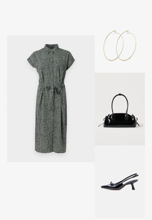 Grünes Hemdblusenkleid mit Leopardenmuster, kurzen Ärmeln, Taillengürtel und knielangem Saum. Hergestellt aus leichtem Stoff mit weicher Textur.; Schwarzer Slingback-Schuh aus Lackleder mit spitzer Schuhspitze, kleinem Knotendetail und ausgestelltem mittelhohem Absatz vor weißem Hintergrund.; Kleine schwarze glänzende Handtasche mit zwei langen Griffen und seitlichen Kordelzug-Details vor einfachem hellem Hintergrund.; Pilgrim Ohrringe - gold-coloured