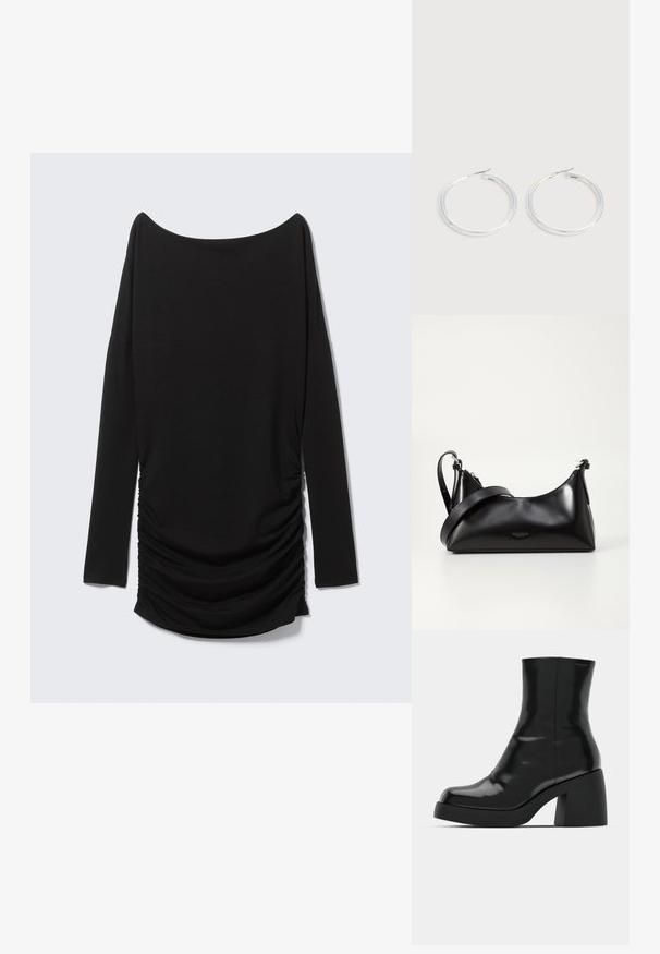 Sort langærmet top med off-shoulder udskæring og detaljer med rynket side. Fremstillet af blødt stof og har en strømlinet silhuet.; Sorte ankelstøvler med en blank finish, firkantet tå og en tyk blokhæl. Designet har en strømlinet silhuet og minimal branding.; Sort læderhåndtaske med en glat tekstur. Har en justerbar stropp og et enkelt, minimalistisk design med lynlås.; Par skinnende sølvøreringe med tynde trådlåse, vist på en lys grå baggrund.