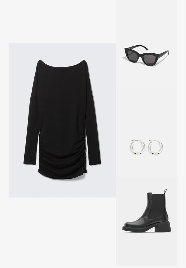Sort langærmet top med off-shoulder udskæring og detaljer med rynket side. Fremstillet af blødt stof og har en strømlinet silhuet.; Sorte læder ankelstøvler med elastiske sidepaneler, afrundet tå og en kraftig blokhæl. Glat tekstur med et minimalistisk design.; Sorte cat-eye solbriller med mat finish, der har grå tonede linser, skarpe vinkler og slanke sidearme. Mærkenavnet er synligt på den indre arm.; Sølv hoop-øreringe med en poleret finish, der har en cirkulær form og en hængslet lukning. Glat tekstur med minimal detaljering.