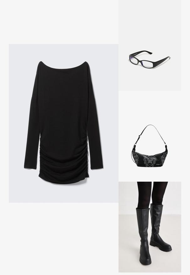 Sort langærmet top med off-shoulder udskæring og detaljer med rynket side. Fremstillet af blødt stof og har en strømlinet silhuet.; Even&Odd Plateaustøvler - black; Sorte rektangulære briller med klare linser. Blank finish, smalle stænger, og lilla nuance synlig i kanterne af linsen.; Desigual SMALL STUDDED - Håndtasker - black