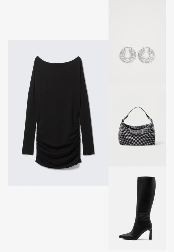 Svart langermet topp med skulderfri utringning og detaljert innsamling på siden. Laget av mykt stoff med en strømlinjeformet silhuett.; Even&Odd by Zalando Støvler - black; Svart og sølv håndveske med en vevd, teksturert overflate som har firkantede mønstre, en enkelt topphåndtak og en avslappet design.; Sølv hoop øredobber prydet med flere klare krystallpynt, med en teksturert overflate og et åpent sirkulært design.