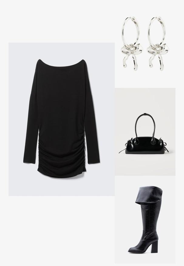 Sort langærmet top med off-shoulder udskæring og detaljer med rynket side. Fremstillet af blødt stof og har en strømlinet silhuet.; Høj sort læderstøvle med hæl, foldet kant og rund tå, stående oprejst på en hvid baggrund.; Lille sort blank håndtaske med to lange håndtag og snøre-detaljer i siden på en ensfarvet lys baggrund.; Sølv hoop øreringe med en sløjfedetail i midten, der fremhæver en poleret overflade og en glat tekstur.